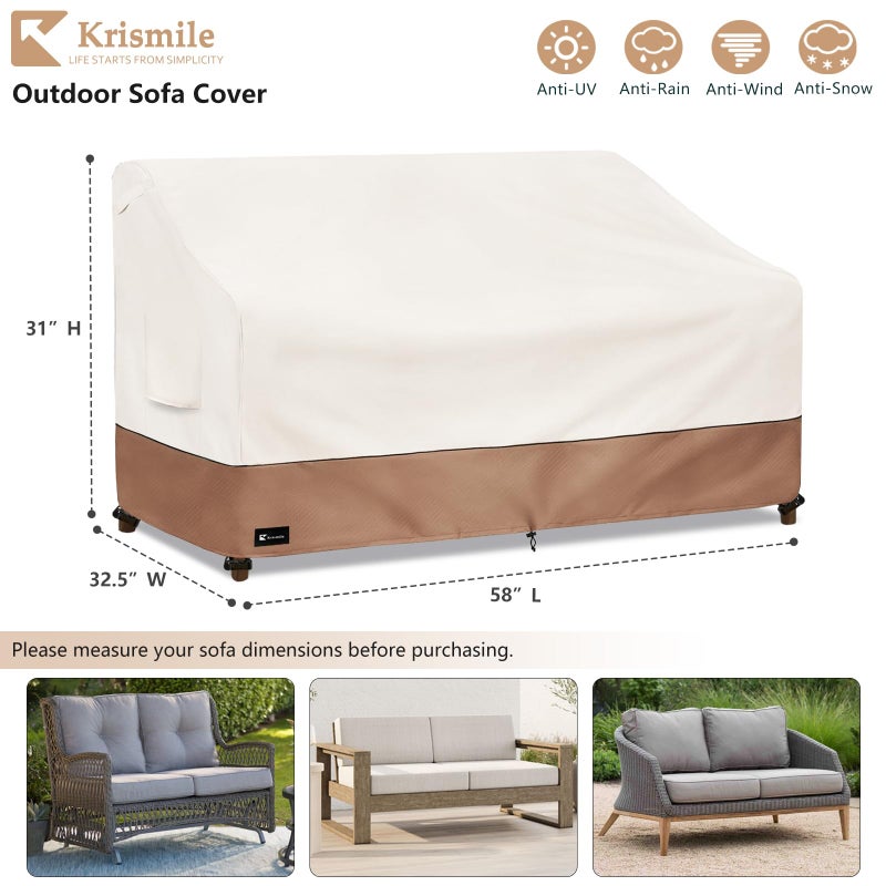 Krismile Outdoor Couch Cover for Patio Furniture - Heavy Duty Waterpoof All-Weather 3-Seater Patio Sofa Cover, 58""x32""x31"" (Beige) - Image 2
